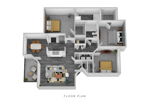 Floor plan for 3 beds, 2 baths, 1244 sqft
